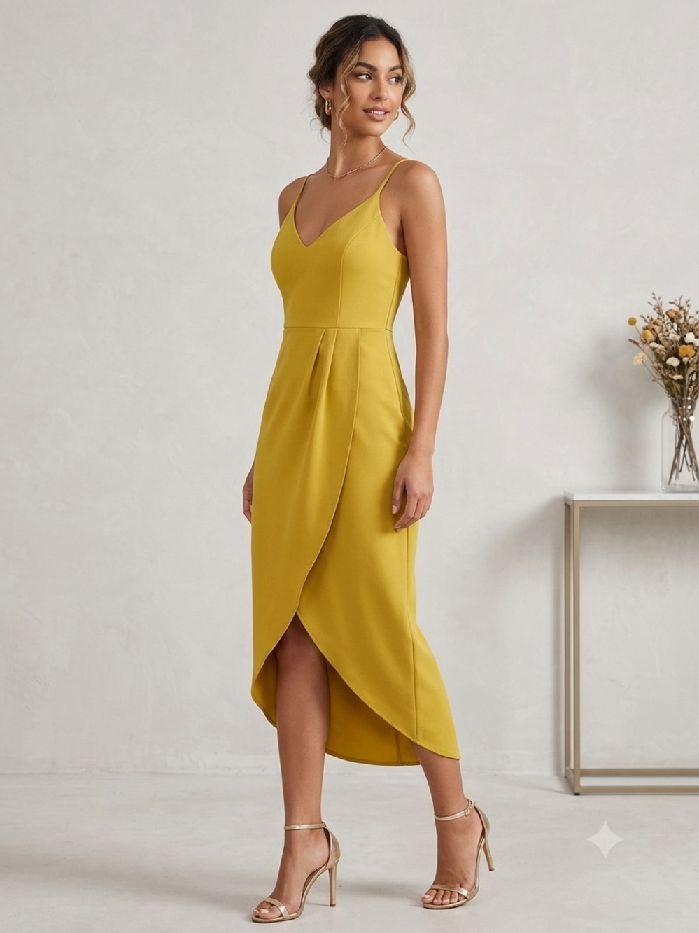 Sleeveless V-Neck Mustard Wrap Midi Dress